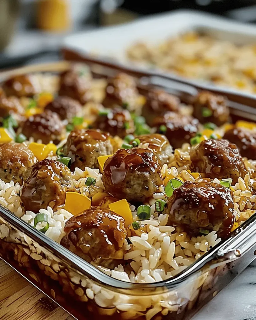 Honey Garlic Meatball Rice Bake