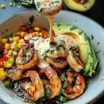 Grilled Shrimp Bowl with Avocado, Corn Salsa & Creamy Garlic Sauce