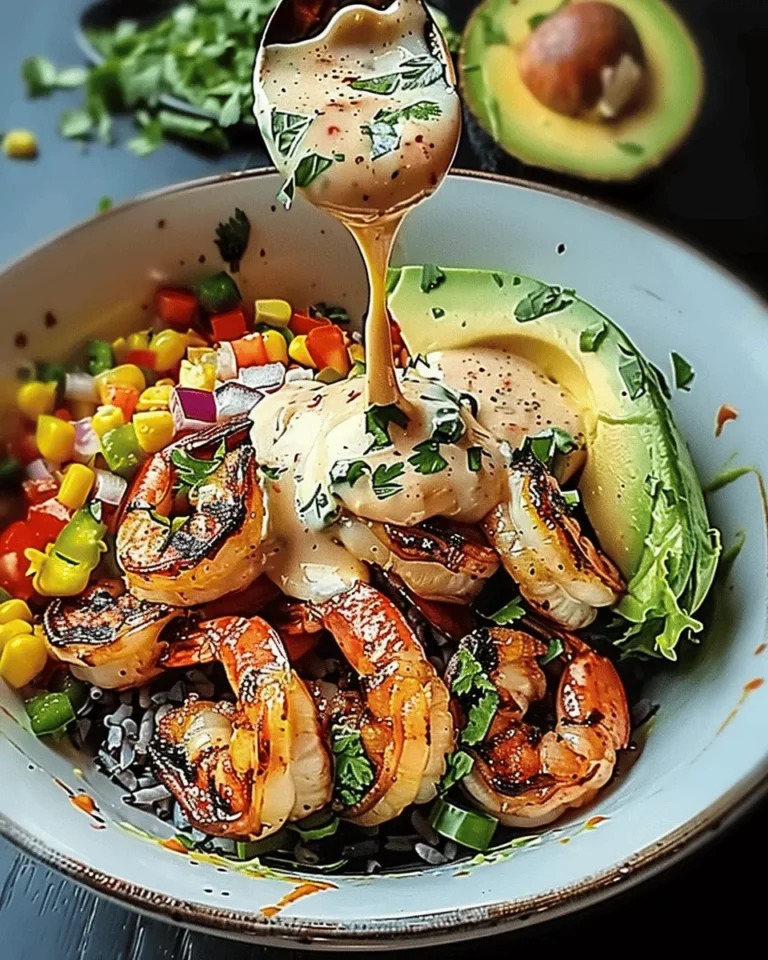 Grilled Shrimp Bowl with Avocado, Corn Salsa & Creamy Garlic Sauce