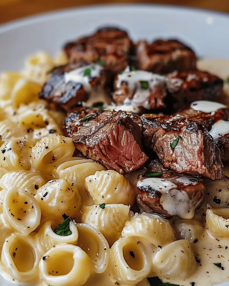 Steak Bites and Shell Pasta in Creamy Garlic Butter Alfredo Sauce